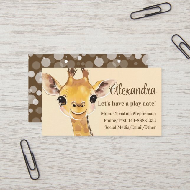 Cartão De Visita Cute Giraffe Kids Name Childrens Play Date Calling (Frente/Verso In Situ)