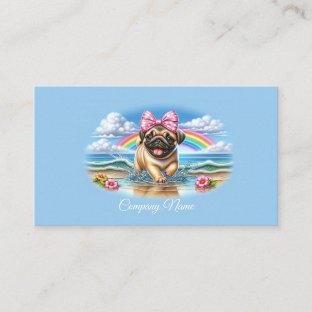 Cartão De Visita Cute Pug Puppy em uma praia tropical (Frente)
