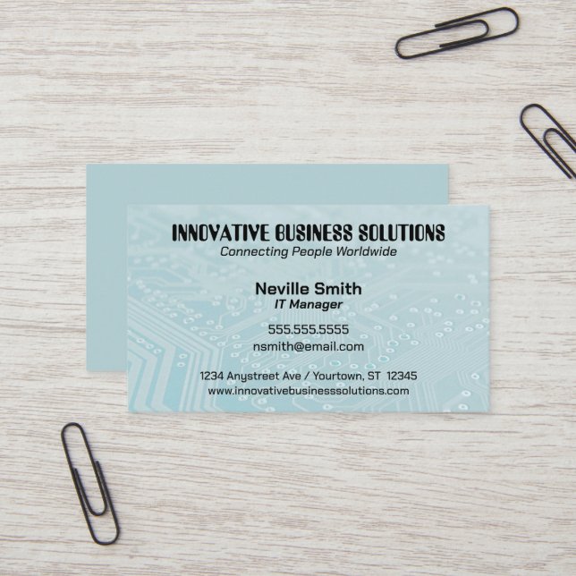 Cartão De Visita Cyan Circuit Board Tech Computers IT (Frente/Verso In Situ)