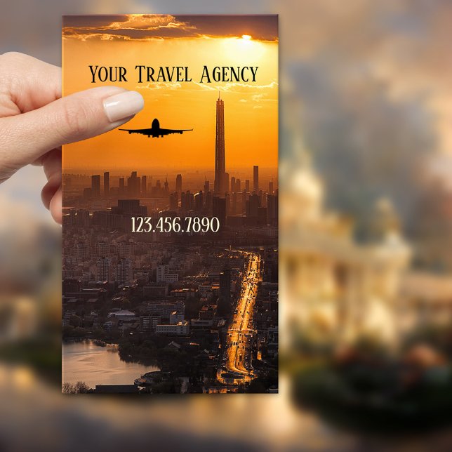 Cartão de visita da Agência de Viagem Comercial da (Business card featuring a plane at sunset above a Chinese city - China - travel - travel agent)