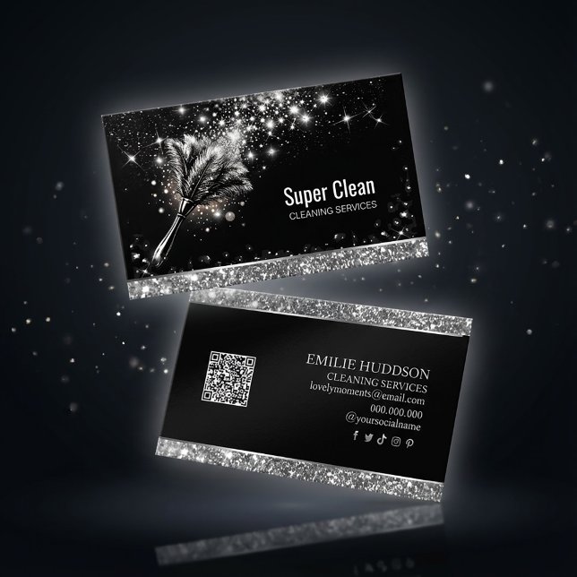 Cartão de Visita da Empresa de Limpeza Elegante co (#cleaningservice #businesscarddesign #sparklecard #glitterdesign #blackandsilver #brandingdesign )