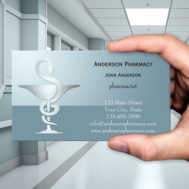 Cartão de Visita da Farmácia Silver Caduceus (Modern pharmaceutical themed business card in pale teal blue with a silver caduceus - pharmacy)