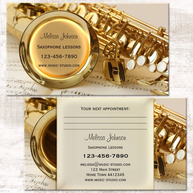 Cartão de visita da nomeação de lições saxofônicas (Saxophone music teacher appointment business card featuring a saxophone in gold)