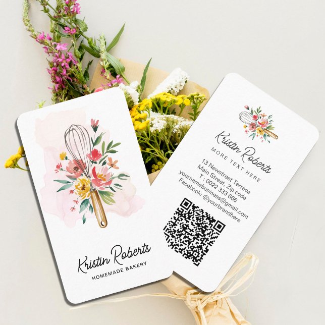 Cartão de visita da padaria de Whisk Floral Waterc (Watercolor Floral Whisk Bakery Business Card #sweetshop #pastries #bakery #watercolorflowers)