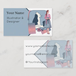 Cartão De Visita Dama de Hanbok Coreano & Gato Minimalista