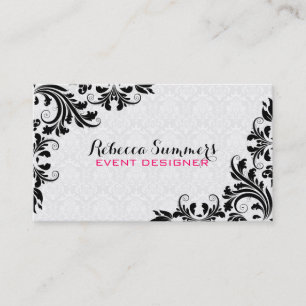 Cartão De Visita Damáscaras Brancos de rendas Pretas Elegantes