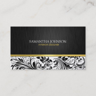 Cartão De Visita Damasco Floral Branco e Preto Elegante com Dourado