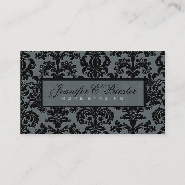 Cartão De Visita Damasco Floral de Cinza Azul e Elegante Preto (Frente)