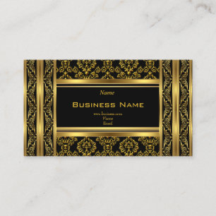 Cartão De Visita Damasco Floral Ornamentado Dourado Preto Elegante