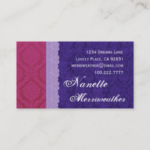 Cartão De Visita Damasco pessoal e laço roxos e azuis V29