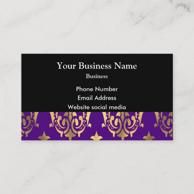 Cartão De Visita Damasco roxo e ouro a preto (Frente)