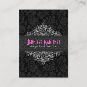 Cartão De Visita Damascos Florais Elegante Preto e Branco Vintage 3
