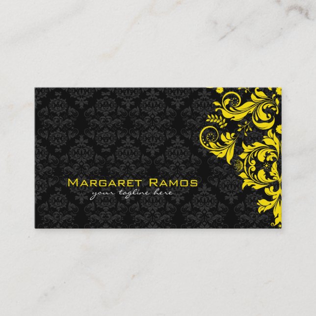 Cartão De Visita Damascos Florais Elegantes Pretos E Amarelos (Frente)