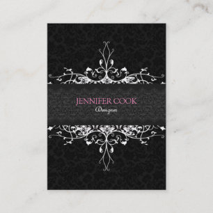 Cartão De Visita Damascos Florais Elegantes Pretos e Brancos Vintag