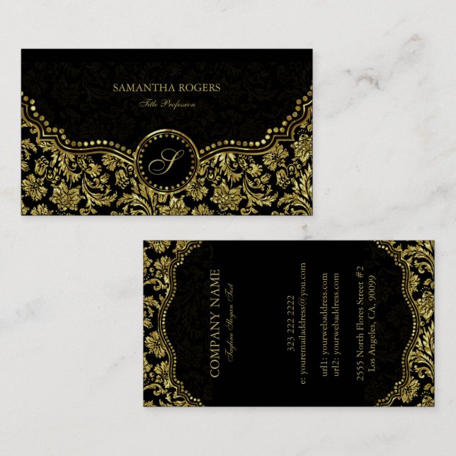 Cartão De Visita Damascos Florais Elegantes Pretos e Dourados Vinta (Frente/Verso)