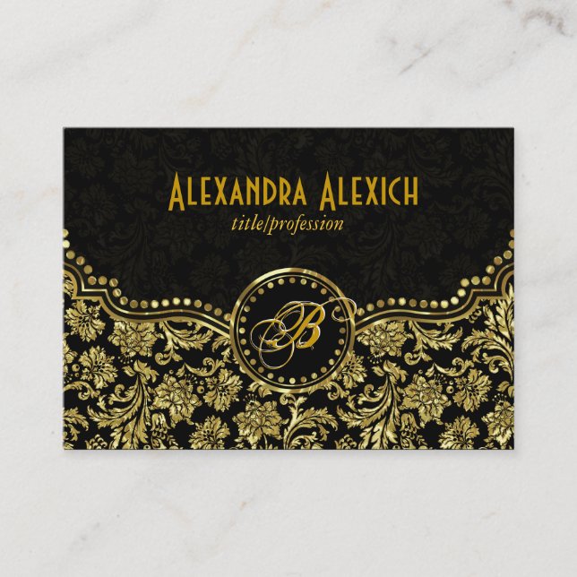 Cartão De Visita Damascos Florais Elegantes Pretos e Dourados Vinta (Frente)