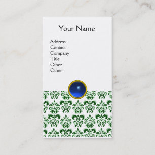 Cartão De Visita DAMASK DARK GREEN MONOGRAM gem azul branco