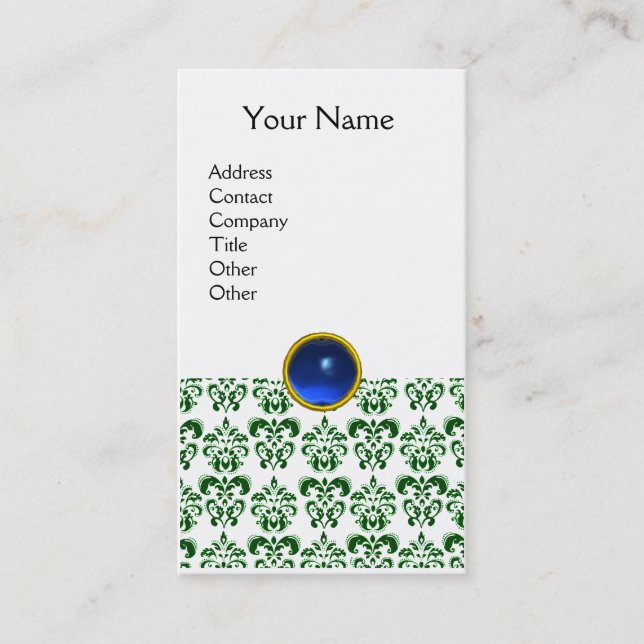 Cartão De Visita DAMASK DARK GREEN MONOGRAM gem azul branco (Frente)
