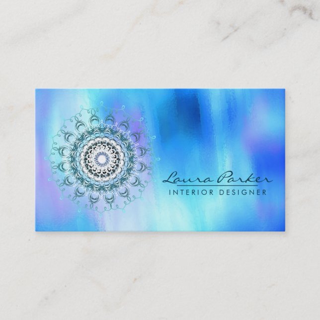 Cartão De Visita Damask Mandala Abstrato Watercolor Blue (Frente)