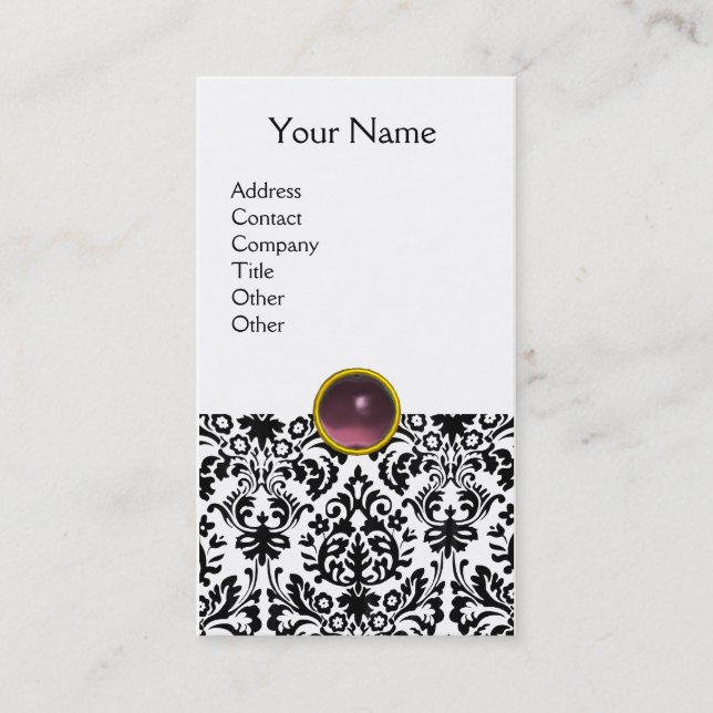 Cartão De Visita DAMASK MONOGRAM Gem branco-claro-roxo (Frente)