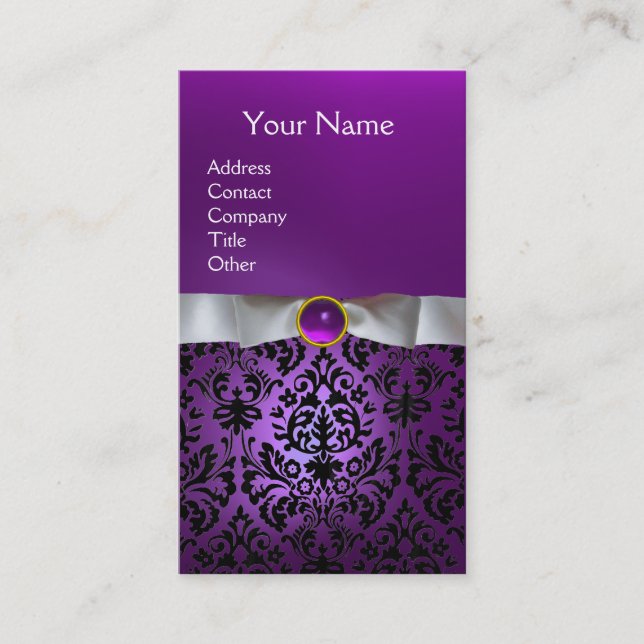 Cartão De Visita DAMASK MONOGRAM gem, fita branca roxa (Frente)