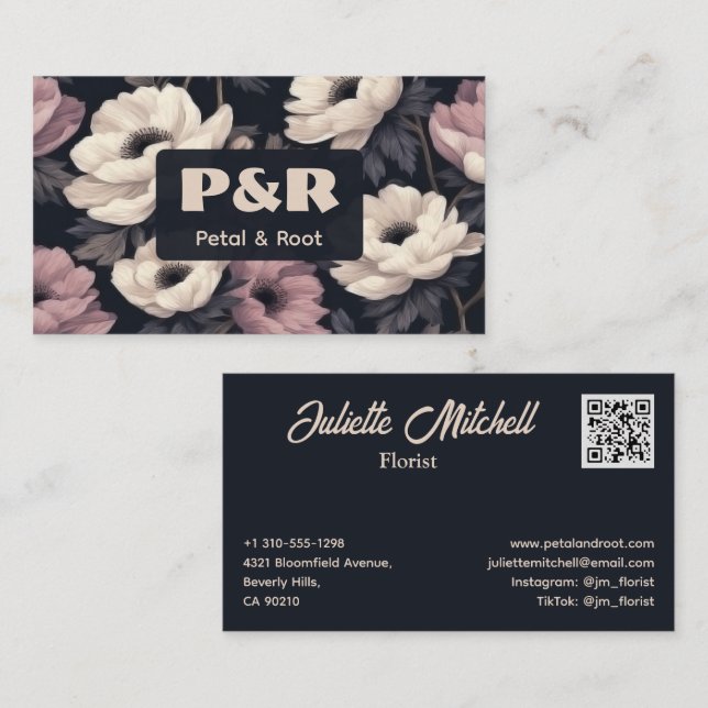 Cartão De Visita Dark Floral Anemone Florist Business Card (Frente/Verso)