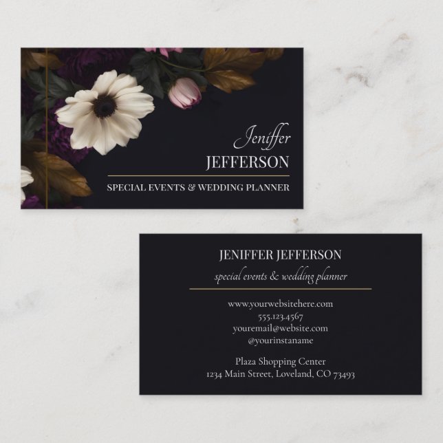 Cartão De Visita Dark Floral event wedding planner (Frente/Verso)