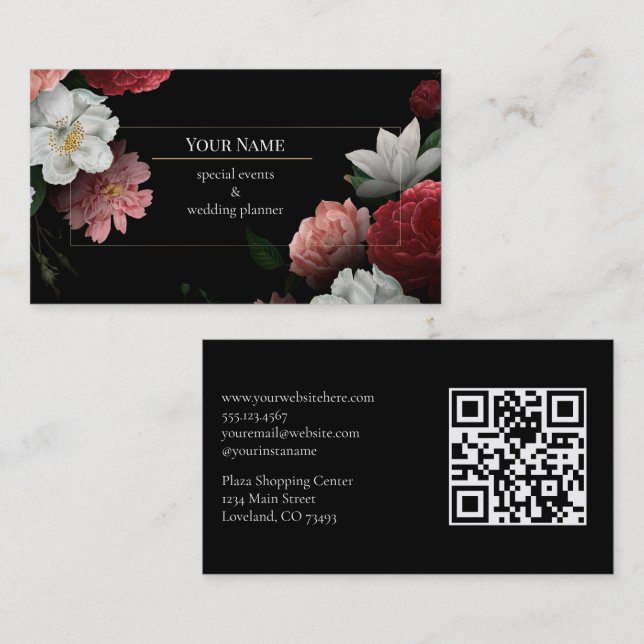 Cartão De Visita Dark Floral event wedding planner (Frente/Verso)