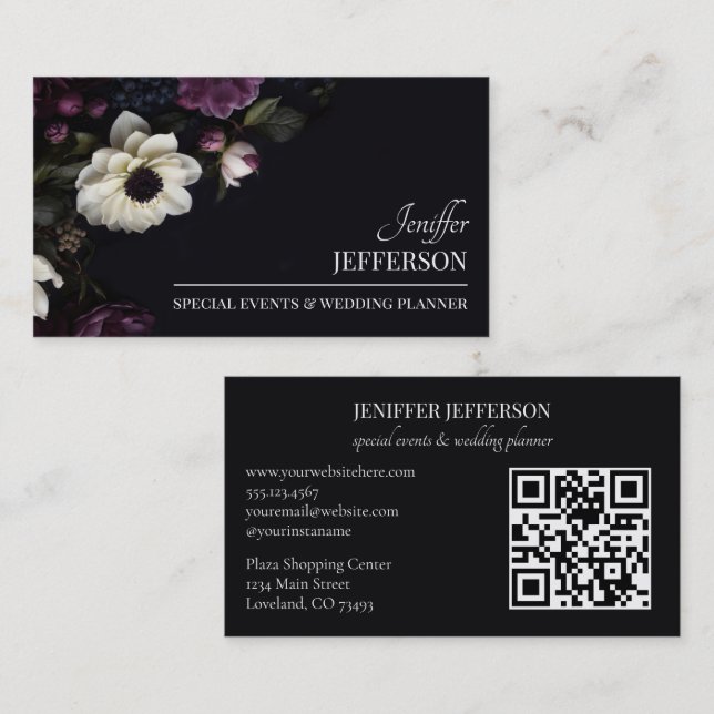 Cartão De Visita Dark Floral event wedding planner (Frente/Verso)