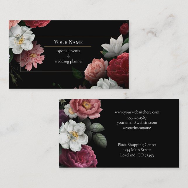 Cartão De Visita Dark Floral event wedding planner (Frente/Verso)