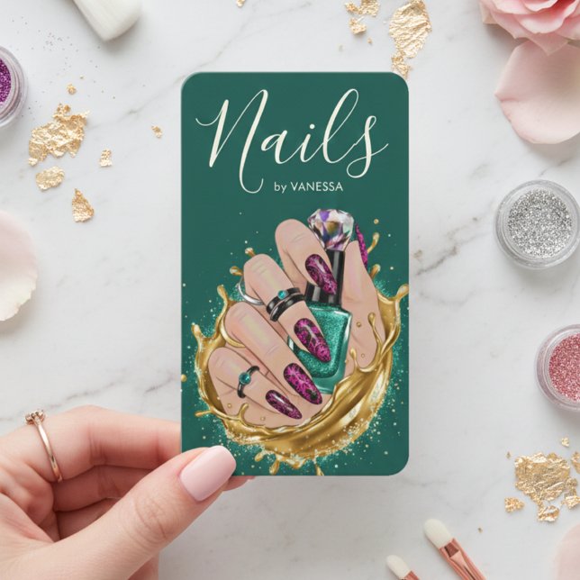 Cartão De Visita Dark Green Nail Art Studio Manicurist Artist Chic (Criador carregado)