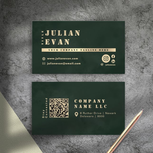 Cartão De Visita Dark Green Shiny Gold Stencil Bold Typography (Dark Green Shiny Gold Stencil Bold Typography Business Card)