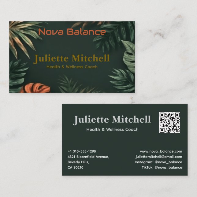 Cartão De Visita Dark Teal Tropical Elegant Wellness Business Card (Frente/Verso)