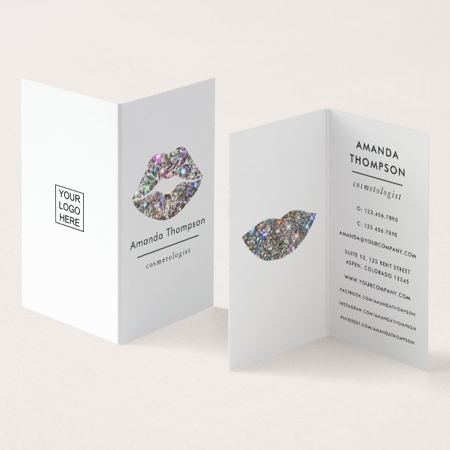 Cartão De Visita Dazzling Faux Glitter Lábios Makeup Artist Busines (Interior e exterior)