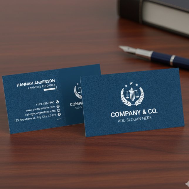 Cartão de Visita de Advogado com Aparência de Cour (Luxury Navy Leather Look Attorney Business Card with Logo)