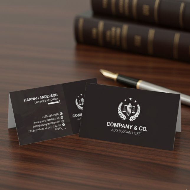 Cartão de Visita de Advogado em Couro Marrom e Bra (Luxury Navy Leather Look Attorney Business Card with Logo)