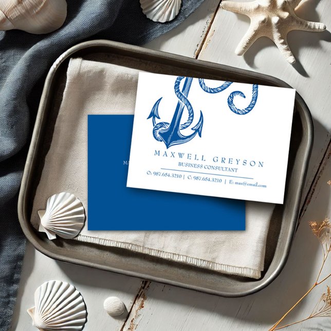 Cartão de Visita de Âncora Náutica Azul (Business cards dark blue anchor coastal small business theme)