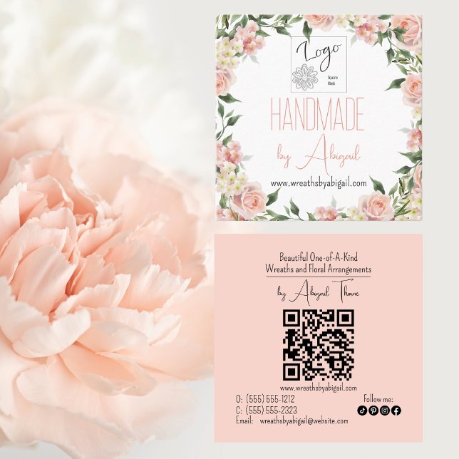 Cartão de visita de artesanato com mão flexível do (Pink Rose Floral Handmade Crafting Logo QR Code Square Business Cards)