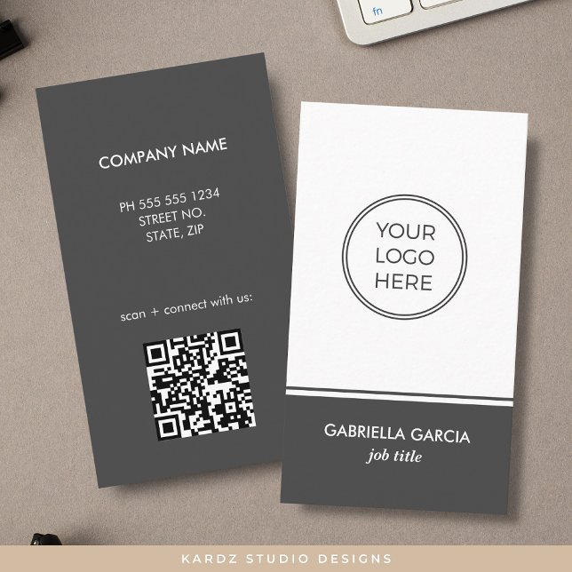 Cartão de visita de Código QR do Logotipo Genérico (Front and back of gray business cards shown in 3.5 x 2 in. Personalize with logo, qr code + info.)
