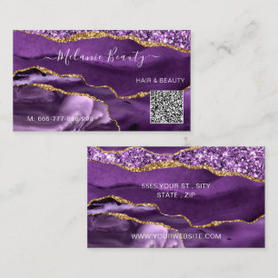 Cartão de visita de Código QR Dourado Roxo Design