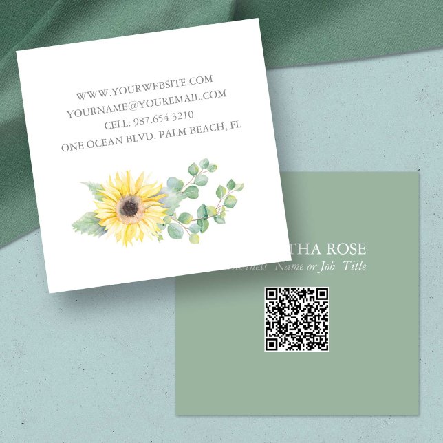 Cartão de visita de Código QR - Floral de Aquarela (unique business cards florist watercolor yellow sunflower botanical eucalyptus greenery)