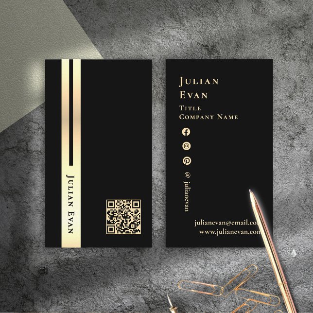 Cartão de visita de código QR preto e Dourado artí (Artistic Black & Gold Scannable QR code Business Card)
