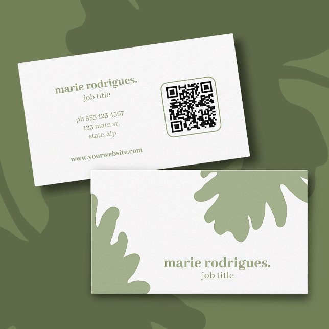 Cartão de visita de Código QR Verde Moderno (Beautiful, simple and modern green leaves business card with Qr code. Personalize with name + info)