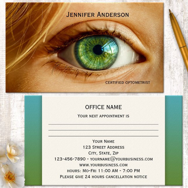 Cartão de visita de Compromisso do Eye Care (Appointment business card for an optometrist, optician or ophthalmologist, featuring a green eye)
