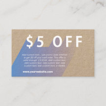 cartão de visita de desconto de US$ 5 OFF