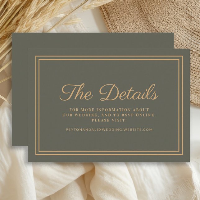 Cartão de Visita de Detalhes do Casamento Verde Ol (Dark olive/sage green and gold wedding details card )