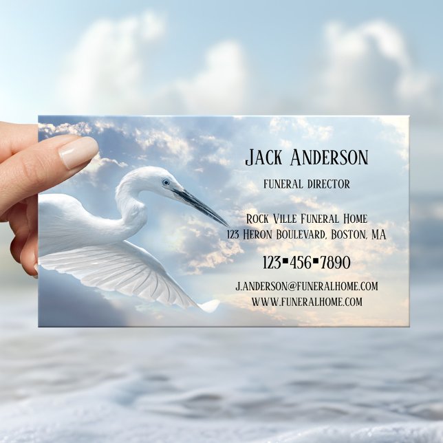 Cartão de Visita de Diretor de Funeral Sky Heron (Business card with a blue heron against a lightly clouded sky - undertaker - funeral - embalmer)