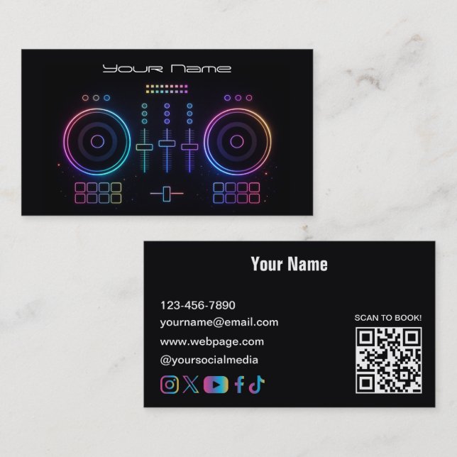 Cartão de Visita de DJ Neon Moderno (Frente/Verso)