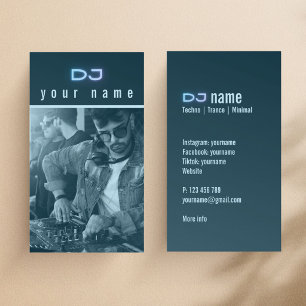 Cartão de Visita de DJ techno azul com foto pessoa