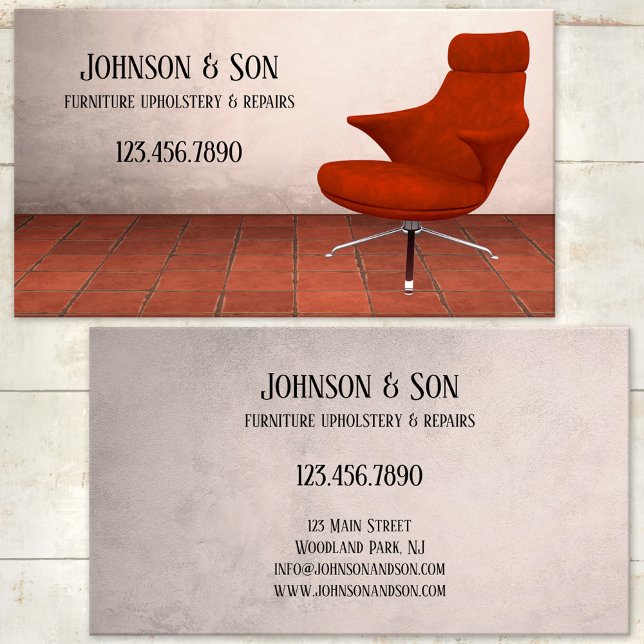 Cartão de Visita de Estofamento de Móveis (Professional furniture and upholstery or repair business card featuring a red retro chair)